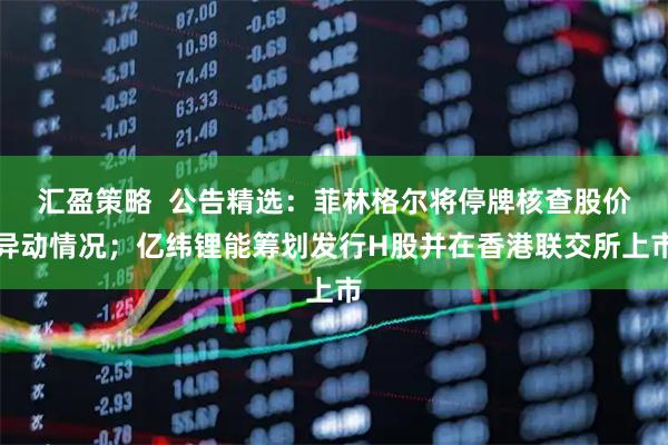 汇盈策略  公告精选：菲林格尔将停牌核查股价异动情况；亿纬锂能筹划发行H股并在香港联交所上市